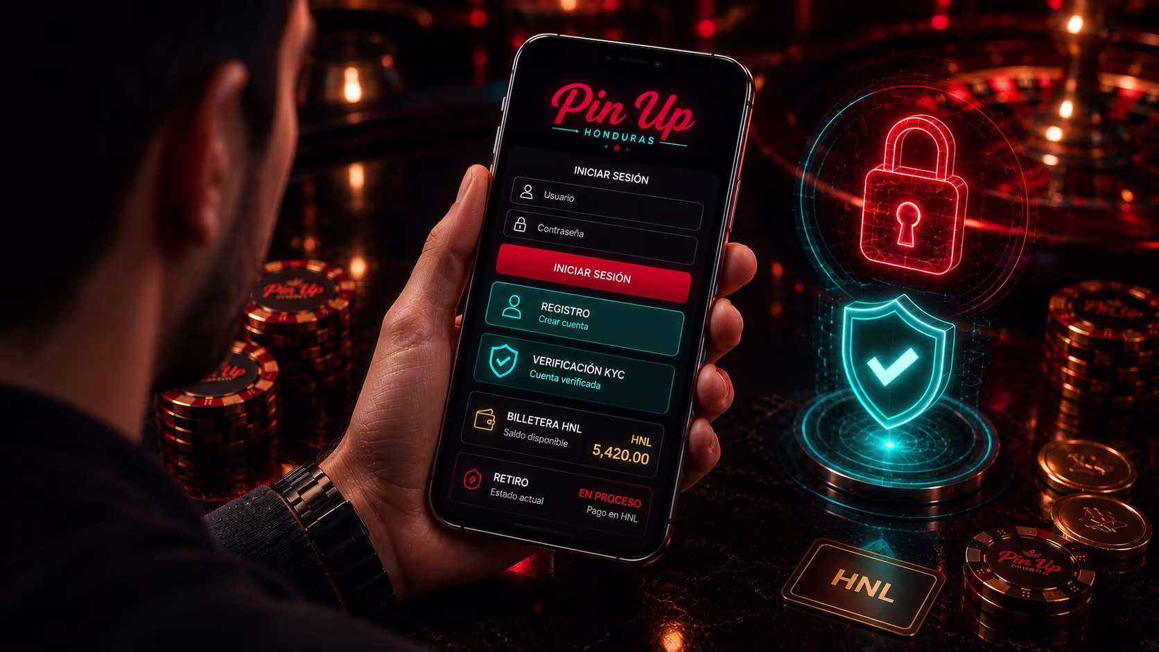 Pantalla móvil de Pin Up Honduras con inicio de sesión, verificación KYC y billetera en HNL